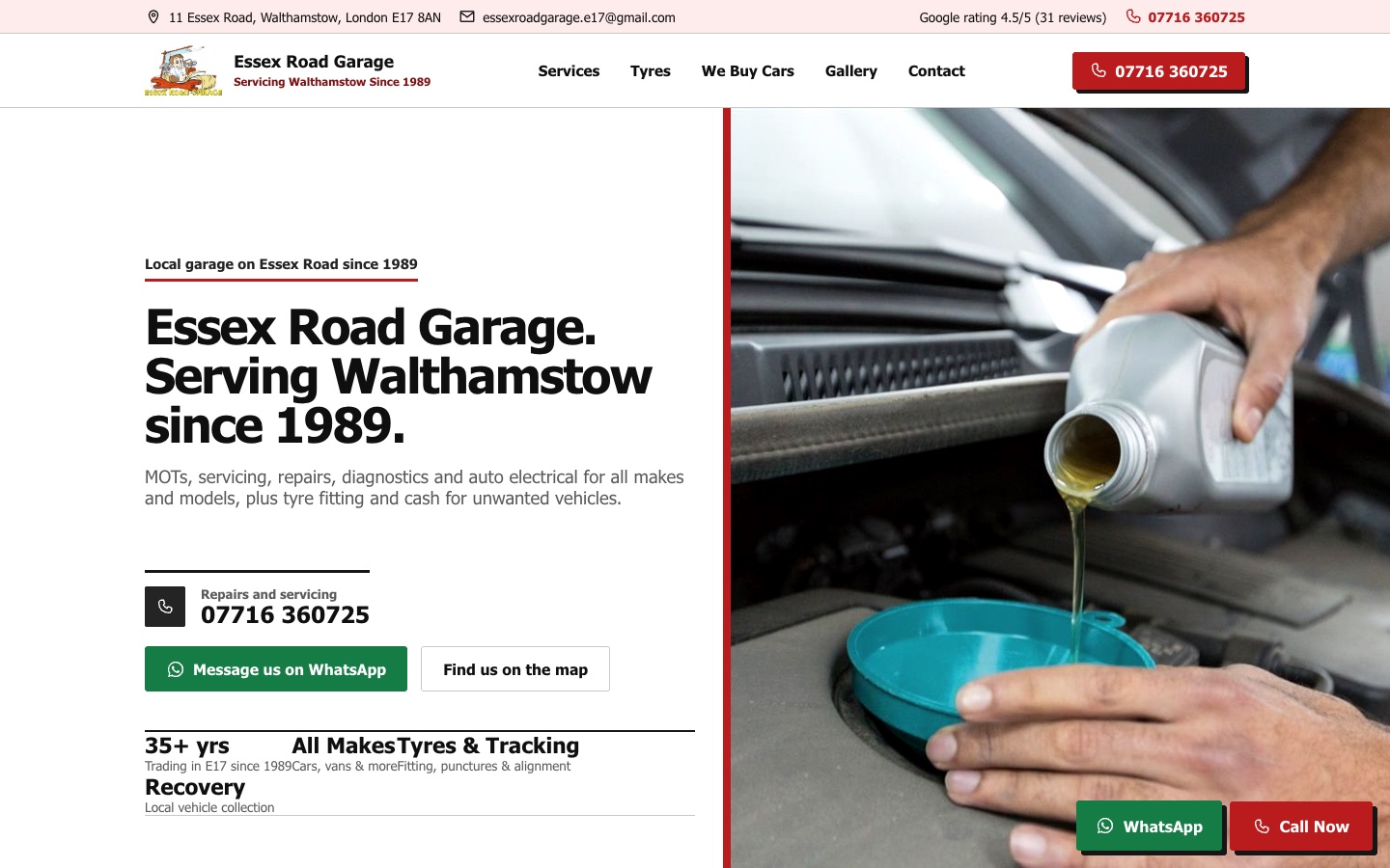 Essex Road Garage website homepage showing the garage and service navigation
