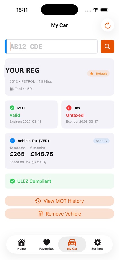 Fuel Finder UK My Car screen