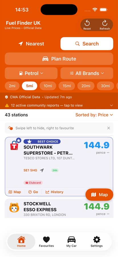 Fuel Finder UK iOS list view showing nearby station prices