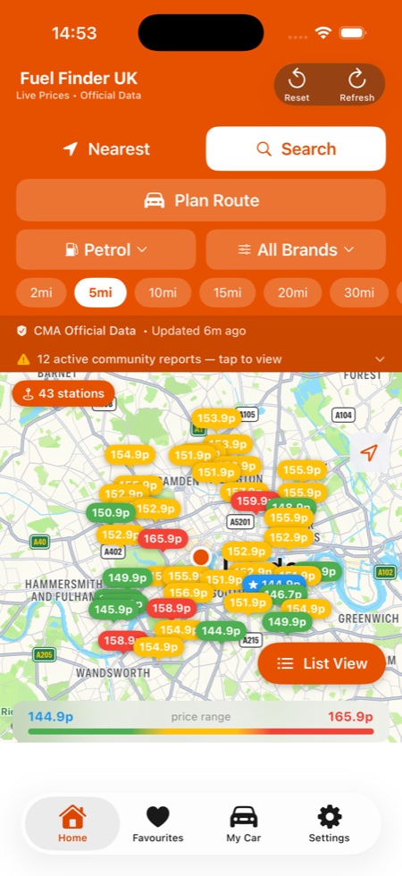 Fuel Finder UK iOS map with live fuel prices