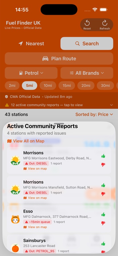 Fuel Finder UK community reports screen