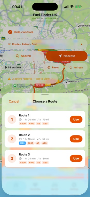 Fuel Finder UK iOS route choices showing time, distance and roads
