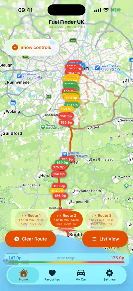 Fuel Finder UK iOS map showing route-aware fuel prices