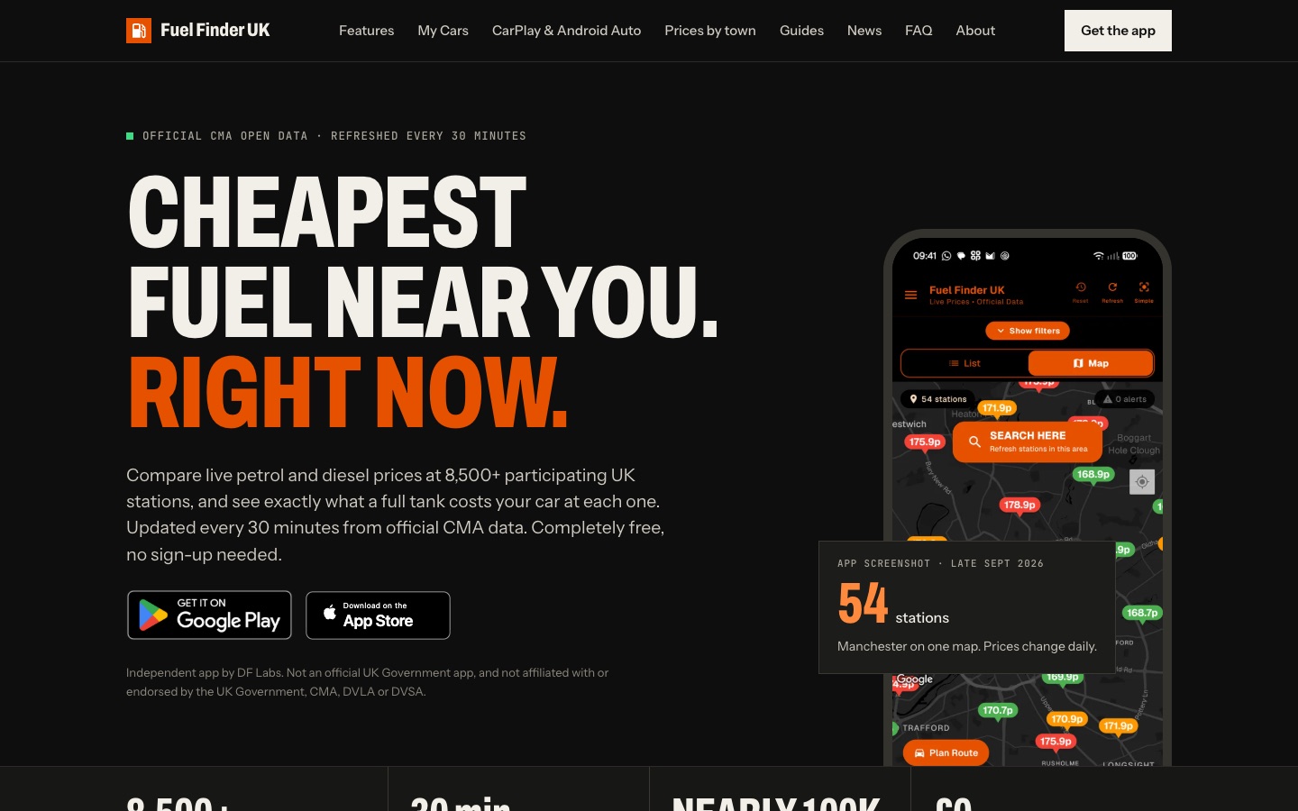 Fuel Finder UK website homepage showing the app and live fuel price features